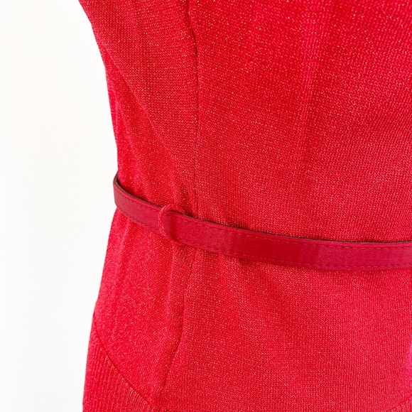 Metallic Red Turtleneck Flutter Sleeve Belted Top - Picture 7 of 8